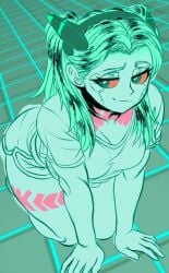 1girls blue_skin breasts clothed cyberpunk:_edgerunners cyberpunk_(series) cyborg cyborg_girl female female_focus female_only hair_ornament kneeling looking_at_viewer rebecca_(edgerunners) red_sclera shirt shorts smug smug_face tagme tattoo thick_thighs twintails