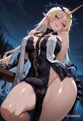 ai_generated artist_name bare_shoulders black_dress blonde_hair blue_eyes blue_gloves blue_hair blush breasts bulge colored_inner_hair covered_navel covered_penis dress erection erection_under_clothes fleurdelys_(wuthering_waves) futanari futarush gloves half-closed_eyes horns large_breasts lips long_hair looking_at_viewer multicolored_hair night night_sky outdoors patreon patreon_username pelvic_curtain penis pointy_ears single_horn sky smile solo star_(sky) sultryspark testicles thick_thighs thighs two-tone_hair wet wuthering_waves