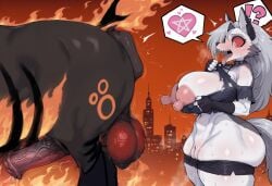 ai_generated anthro awe black_ears black_gloves black_shirt black_shorts blush breasts_out breath_cloud clenched_balls dark_balls demon drool equine_anus erect_nipples female_with_feral fingerless_gloves flaming_background from_side furry_female glowing_balls grey_fur heart hell helluva_boss horse horse_penis imminent_bestiality imminent_rimming large_breasts long_hair loona_(helluva_boss) mostly_offscreen_male no_panties noodle_jacuzzi open_mouth plump pussy_juice red_sclera shirt_pull shorts_around_thighs shorts_pull slit_pupils steaming_balls sweat sweaty_balls thick_thighs tongue_out torn_shirt trembling undressing white_countershading white_eyes white_fur wide-eyed wide_hips
