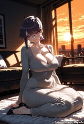 1girl ai_assisted ai_generated bangs barefoot bed bed_sheet black_hair breasts cleavage collarbone covered_navel curvaceous curvy curvy_female curvy_figure dress female glasses indoors komi-san_wa_komyushou_desu komi_shuuko large_breasts looking_at_viewer milf miyuai on_bed purple_eyes short_hair sitting smile solo thick thick_ass thick_butt thick_hips thick_legs thick_thighs voluptuous voluptuous_female white_dress wide_hips wide_thighs
