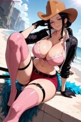 1girl ai_generated bangs belt bikini black_gloves black_hair blue_eyes bra breasts cloud day earrings gloves hat hi_res high_quality high_resolution jewelry kiraamane long_hair looking_at_viewer navel nico_robin one_piece patreon seductive sexy sitting skindentation sky smile solo thigh_strap thighhighs uncensored underwear watermark