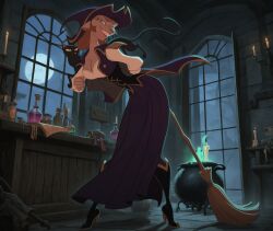 alien black_cat breasts broom broomstick captain_amelia cauldron disney domestic_cat evil_grin feline female green_eyes long_dress looking_at_viewer mature_female smile treasure_planet witch_broom witch_clothes witch_costume