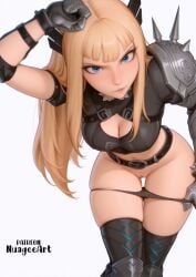 1girl ai_generated armor artist_name ass_visible_through_thighs bangs belt black_panties black_thighhighs blonde_hair blue_eyes blunt_bangs breasts cleavage cleavage_cutout closed_mouth clothing_cutout elbow_pads explicit gauntlets gloves leaning_forward long_hair looking_at_viewer magik_(illyana_rasputin) magik_(marvel_tokon) marvel marvel_tokon:_fighting_souls medium_breasts navel nuageeart panties panty_pull pauldrons pussy questionable shoulder_armor shoulder_spikes simple_background skindentation solo spikes thigh_gap thighhighs thighs uncensored underwear vambraces white_background x-men