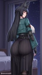 1girl ai_generated animal_ears ass belt black_gloves black_hair black_skirt blunt_bangs braid breasts closed_mouth cropped_jacket fox_ears from_behind gloves green_jacket high-waist_skirt hoshimi_miyabi id_card indoors jacket large_breasts long_hair long_skirt long_sleeves looking_at_viewer looking_back night pantyhose pleated_skirt red_eyes skirt smile solo twitter_username window zenless_zone_zero