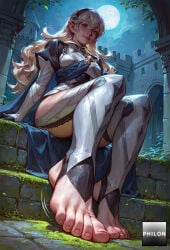 1girls ai_generated armor barefoot black_gloves black_hairband blonde_hair blue_cape breasts cape corrin_(female)_(fire_emblem) corrin_(fire_emblem) corrin_(fire_emblem)_(female) feet fire_emblem foot_focus foreshortening from_below full_body full_moon gloves hair_between_eyes hairband juliet_sleeves legs lips long_hair long_sleeves looking_at_viewer moon night no_shoes outdoors philon pointy_ears puffy_sleeves red_eyes sitting sky soles solo stable_diffusion stirrup_legwear thighhighs toeless_legwear toenails toes white_hair