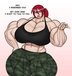 1girls abs beckoning beckoning_viewer breasts breasts_bigger_than_head camo camo_pants camo_print english english_text female forsakun green_eyes huge_breasts looking_at_viewer moira_ainsburg muscle_fetish muscles muscular muscular_female muscular_thighs original original_character red_hair sharp_teeth talking_to_viewer text