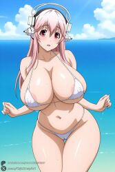 1female 1girl 1girls 2026 ai_generated areola_slip artist_name big_ass big_breasts bikini blush breasts cameltoe cleavage cloud covered_nipples curvy day headphones hi_res high_quality high_resolution highres huge_ass huge_breasts long_hair looking_at_viewer micro_bikini navel nitroplus ocean open_mouth outdoors patreon patreon_username pink_eyes pink_hair red_eyes sky solo super_sonico swimsuit thigh_gap unjobdespiert watermark white_bikini wide_hips
