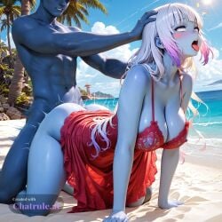 1boy 1girl ahegao ai_assisted ai_generated alien anime_screencap anime_style beach blue_eyes blue_skin blunt_bangs cleavage colorful contrast curvaceous curvy day daytime deep_cleavage detailed_face doggystyle dramatic_lighting faceless_male facing_viewer flat_belly hair_down highly_detailed hourglass_figure huge_breasts kanna_kamui long_hair mass_effect motion_lines narrow_waist nipples on_all_fours rape rape_victim slim_waist sunny tall_female tongue_out voluptuous wavy_hair wide_hips