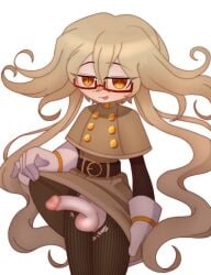 1boy artist_request balls belt black_belt blonde_hair blush brown_thighhighs buttons capelet closed_mouth erection funamusea girly_boy gloves long_hair looking_at_viewer male male_focus male_only orange_eyes otoko_no_ko penis penis_out simple_background siralos skirt_lift solo solo_male striped_thighhighs testicles the_suns_curse tongue tongue_out trap very_long_hair white_background white_gloves yellow_capelet