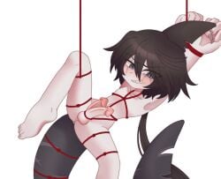 1boy anus armpit artist_request balls black_hair blush bound bound_legs bound_tail bound_wrists collarbone colored_skin completely_nude double_penis funamusea head_fin male male_focus male_only nude old_(wadanohara) penis shark_boy shark_tail sharp_teeth simple_background solo solo_male tail teeth testicles wadanohara_and_the_great_blue_sea white_background white_skin