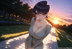 1girl ai_assisted ai_generated bangs black_hair blush breasts bridge cityscape cleavage closed_mouth collarbone curvaceous curvy curvy_female curvy_figure earrings eyebrows_visible_through_hair female glasses jewelry komi-san_wa_komyushou_desu komi_shuuko lake large_breasts long_sleeves looking_at_viewer milf miyuai outdoors purple_eyes short_hair skirt sky smile solo sunset sweater thick thick_ass thick_butt thick_hips thick_legs thick_thighs voluptuous voluptuous_female water wide_hips wide_thighs