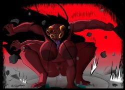 4_arms absurd_res antennae_(anatomy) anthro areola arthropod big_breasts big_hair black_border black_hair blattodean bodily_fluids border breasts cockroach crouching female front_view genital_fluids genitals hair hi_res huge_breasts insect inverted_nipples itsjustsarco jujutsu_kaisen kurourushi long_hair looking_at_viewer multi_arm multi_eye multi_limb nipples nude pubes purple_tongue red_areola red_body red_eyes red_nipples solo thick_thighs tongue tongue_out vaginal_fluids vulva wide_hips yellow_sclera