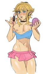 1boy 1femboy 2026 applying_lipstick applying_makeup bimbo bimbo_lips blonde_hair blue_eyes blush blushing clothed clothing crop_top digital_media_(artwork) earrings elf_ears femboy femboy_only link lips lipstick lyssahh makeup male male_only nail_polish nipple_slip nipples no_visible_genitalia pink_nails pointy_ears revealing_clothes short_hair short_skirt skirt solo solo_femboy solo_male the_legend_of_zelda thighs white_background