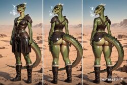 1_girl 1girl ai_assisted ai_generated bangs black_eyes butt_crack deeja desert exausted from_behind full_body gluteal_fold green_scales head_spikes leather_armor narrow_waist nude oiled_body open_mouth petite pussy_juice_leaking reptile_tail round_ass sexually_suggestive skindentation skyrim slit_pupils standing surprised sweat_body tan_skin thick_thighs tight_clothes tongue_out wet_body wet_face wet_hair wide_hips yellow_sclera