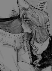 1boy 1boy1girl 1girl blushing blushing_female bulge_through_clothing english english_text grabbing grabbing_head greyscale heart-shaped_pupils heart_eye heart_eyes licking licking_bulge licking_through_clothes long_hair nadacheruulewd panties pants_bulge pantyshot penis_sniffing small_breasts smelling smelling_penis sniffing sniffing_penis text trousers_down
