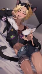1boy bed cat_ears cat_tail catboy cropped_jacket dolphin_shorts earrings femboy indie_virtual_youtuber kainen lying lying_on_bed mesh_shirt mole multicolored_hair navel on_bed one_eye_closed open_mouth oyayubi red_eyes ring seductive solo solo_male sweat tan_body tank_top tongue_out twink two-tone_hair virtual_youtuber vtuber