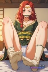 1girl ai_assisted ai_generated anime_screenshot anime_style bamboo bedroom bit_gag blushing braid checkered_sash circlet earrings flat_chest foot_fetish gag gagged green_dress green_eyes hand_on_breast haori hera highres japanese_clothes kimono long_hair low_angle mouth_hold necklace obi parody perfect_anatomy red_hair sash sitting_on_bed style_parody upper_body upskirt viewer_pov white_panties