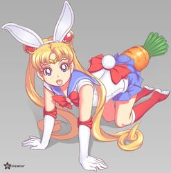 1girls all_fours animal_ears bent_over bishoujo_senshi_sailor_moon blonde_hair blue_eyes boots bunny_ears bunny_tail carrot doggy_style elbow_gloves fake_ears female female_only from_behind sailor_moon skirt solo tied_hair tongue tongue_out twintails usagi_tsukino utilizator