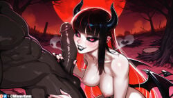 1boy 1girl 2026 2d absurd_res absurd_resolution absurdres ai_generated black_hair black_lips black_nails black_sclera black_wings blunt_bangs blush breasts completely_nude dark-skinned_male dark_skin demon_girl demon_horns demon_tail demon_wings erection hetero hi_res high_quality high_resolution highres horns image imminent_fellatio interracial large_breasts large_penis long_hair low_wings medium_breasts mole mole_under_eye moon multicolored_hair nipples nude oc original original_character outdoors pale_skin patreon patreon_logo patreon_username penis penis_grab pointy_ears red_eyes red_hair red_sky smile solo_focus tail tree uncensored uncensured veins very_dark_skin watermark wienergens wings