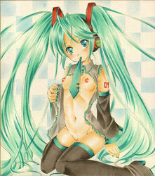 1girls 2d areolae arm_tattoo artist_request black_sleeves black_thighhighs blush bottomless checkered_background collared_shirt color detached_sleeves eyebrows_visible_through_hair eyes_visible_through_hair female female_only green_eyes green_hair green_nails green_necktie hair_ornament hatsune_miku headset in_mouth light-skinned_female light_skin long_sleeves nails navel necktie necktie_in_mouth nipples number_tattoo object_in_mouth open_shirt partially_clothed red_tattoo shirt simple_background sleeveless sleeveless_shirt sleeves solo tattoo thighhighs vocaloid