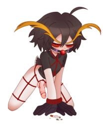 1boy artist_request ball_gag balls bdsm black_eyes black_gloves black_hair black_shirt bound_wrists cigarette erect_penis erection funamusea hands_on_floor ice_scream kneeling long_eyebrows looking_at_viewer male male_focus penguin_boy penguin_tail penis red_sclera rock_(funamusea) shirt short_hair short_sleeves simple_background solo solo_male testicles veiny_penis white_background yellow_eyebrows