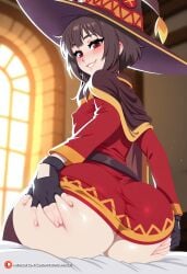 ass_focus ass_grab back_view bed bedroom big big_ass clothed dress gloves hat kono_subarashii_sekai_ni_shukufuku_wo! looking_at_viewer looking_back lordmitsuri mature_female megumin round_ass seductive sitting small_breasts smile sunlight window witch witch_hat