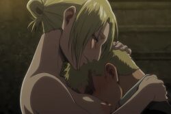 1boy 1girl ai ai_art ai_generated annie_leonhart between_breasts blonde_hair blush breast_smother breasts brick_wall closed_eyes clothed_male_nude_female completely_nude face_to_breasts from_side half-closed_eyes hand_on_another's_head head_between_breasts head_on_chest hetero hug medium_breasts nipples nude profile reiner_braun shingeki_no_kyojin short_hair smile sweat upper_body