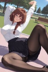 1girl ai_generated bangs black_skirt blue_eyes blush braid breasts brown_hair day hi_res high_quality high_resolution inohana_rikka kiraamane large_breasts long_hair long_sleeves looking_at_viewer mayonaka_heart_tune outdoors pantyhose patreon seductive sexy shirt skirt smile thighband_pantyhose tree uncensored watermark white_shirt