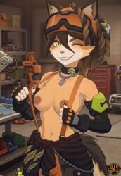 ai_generated anthro braided_hair brown_hair dog_ears dog_girl dog_nose dog_tail elledoesai exposed_breasts furry_female goggles_on_head green_eyes looking_at_viewer mechanic nipples npc self_upload smile solo_female suspenders topless winking_at_viewer zenless_zone_zero