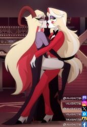 2girls accurate_art_style accurate_body_type artist_request blonde_hair charlie_morningstar_(hazbin_hotel) demon demon_girl dress elegant fair_skin hazbin_hotel hazbin_hotel_(season_2) incest kiss lesbian lilith_morningstar_(hazbin_hotel) mother mother_and_daughter yuri