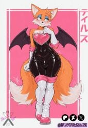 1boy 2026 ai_assisted ai_generated anthro anthro_only blush blushing bulge bulge_through_clothing cosplay femboy flvffxyagi fox furry furry_only girly glistening highres japanese_text katakana latex latex_clothing male male_only miles_prower penis_visible_through_clothing rouge_the_bat_(cosplay) shy shy_expression solo solo_focus sonic_(series) sonic_the_hedgehog_(series) tails_the_fox thick_thighs tight_clothing wide_hips