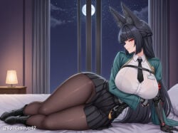 1girl ai_generated animal_ear_fluff animal_ears arm_support arm_under_breasts bed black_footwear black_gloves black_hair black_necktie black_pantyhose black_skirt blunt_bangs boots bra bra_visible_through_clothes braid breasts brown_pantyhose collared_shirt cross-laced_footwear fox_ears fox_girl french_braid full_body full_moon gloves green_jacket hoshimi_miyabi indoors jacket lace-up_boots lamp large_breasts long_hair long_sleeves looking_at_viewer lying mechanical_arms miniskirt moon necktie night night_sky on_bed on_side open_clothes pantyhose pleated_skirt red_eyes see-through see-through_shirt shirt single_mechanical_arm skirt sky smile solo thighs twitter_username underwear very_long_hair white_shirt window zenless_zone_zero
