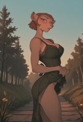 ai ai_generated alien big_breasts blush blushing breasts captain_amelia disney dress embarrassed embarrassed_expression embarrassed_female feline flowers looking_at_viewer mature_female open_mouth panties sexy side_view skirt_lift skirt_lifted skirt_lifted_by_self sunset treasure_planet upskirt