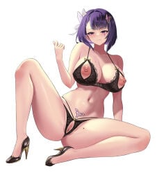 1girl bra breasts character_request closed_mouth collarbone commission copyright_request crotchless crotchless_panties cupless_bra facial_mark grey_streaks high_heels highres linea_alba lingerie mad_kimo mole mole_on_breast mole_on_thigh multicolored_hair navel panties pubic_tattoo purple_hair short_hair solo streaked_hair tattoo underwear white_background