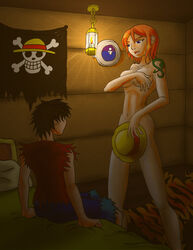 1boy 1girls bed bedroom clothed_male completely_nude_female covering_breasts covering_crotch dim_lighting female imminent_sex looking_at_another male monkey_d_luffy nami nami_(one_piece) one_piece orange_hair pre-timeskip presenting razmere seductive_look straight_hair straw_hat tattoo tiger_print