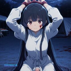 1girl absurdly_long_hair ai_assisted ai_generated anime_screencap black_hair blood_splatter brown_eyes campsite close_up cowboy_shot firelight flaccid_penis food frowning high_quality juliet_sleeves kneeling long_sidelocks long_sleeves looking_at_penis looking_at_viewer market night outside red_eyes solo upper_body white_dress white_robe