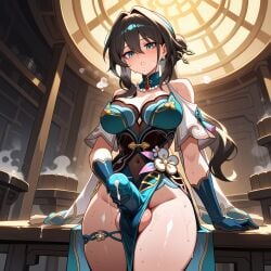 1girl ai_generated aqua_dress aqua_eyes aqua_gloves arm_support bangs bare_shoulders black_hair blue_gloves blush breasts bulge chinese_clothes cleavage clothing clothing_cutout covered_navel cowboy_shot cum cum_in_clothes dress earrings erection erection_under_clothes female futanari futanari_masturbation gloves green_eyes green_gloves hair_between_eyes honkai:_star_rail huge_penis huge_testicles indoors intersex jewelry large_breasts large_penis long_hair looking_at_viewer lunaart masturbation open_mouth parted_lips pelvic_curtain penis ruan_mei_(honkai:_star_rail) short_sleeves shoulder_cutout solo sweat testicles thighs
