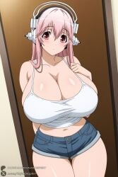 1female 1girl 1girls 2026 ai_generated artist_name bare_shoulders big_ass big_breasts blush breasts cleavage curvy denim denim_shorts headphones hi_res high_quality high_resolution highres huge_ass huge_breasts long_hair looking_at_viewer midriff navel nitroplus patreon patreon_username pink_eyes pink_hair short_shorts shorts solo super_sonico tank_top thigh_gap unjobdespiert watermark
