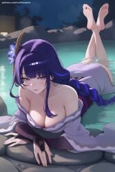 1girl ai_generated bangs bare_shoulders barefoot blush braid breasts cleavage flower genshin_impact hair_ornament hi_res high_quality high_resolution jewelry large_breasts long_hair looking_at_viewer night patreon purple_eyes purple_hair raiden_shogun ring seductive sexy single_braid smile solo uncensored very_long_hair water watermark