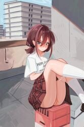 1girls blue_eyes blush blushing blushing_at_viewer brown_hair cityscape crate exposed_pussy female female_focus female_only flashing flashing_pussy girls_band_cry going_commando hair iseri_nina looking_at_viewer no_panties outdoors outside pussy pyruvate rooftop sitting skirt skirt_lift skirt_up solo solo_female solo_focus tshirt white_shirt