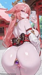 1girl ai_generated anal anal_beads anal_object_insertion animal_ears ass ass_focus bare_shoulders breasts butt_plug cellphone decurse detached_sleeves earrings fox_ears from_behind furry furry_female genshin_impact hair_ornament holding holding_phone huge_ass japanese_clothes jewelry large_breasts long_hair looking_at_viewer looking_back object_insertion phone pink_hair purple_eyes pussy selfie sex_toy shiny_skin shrine smartphone smile solo uncensored yae_miko yae_miko_(genshin_impact)