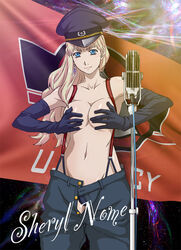 blue_eyes breast_squeeze breasts charlotte_rampling cleavage clothing earrings elbow_gloves gloves hat highres jewelry long_hair macross macross_frontier medium_breasts microphone microphone_stand naked_suspenders navel open_fly panties parody peaked_cap sheryl_nome suspenders the_night_porter tooo topless underwear unzipped