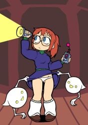 1girls 2020s 2024 anklewear blue_eyes female flashlight gameboy ghost glasses oblivious original original_character ostinatohex panties red_hair sweater_dress upskirt