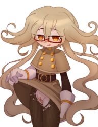 1cuntboy artist_request belt black_belt blonde_hair blush brown_thighhighs buttons capelet closed_mouth cuntboy cuntboy_focus funamusea gloves long_hair looking_at_viewer orange_eyes otoko_no_ko simple_background siralos skirt_lift solo solo_cuntboy striped_thighhighs the_suns_curse tongue tongue_out trap very_long_hair white_background white_gloves yellow_capelet