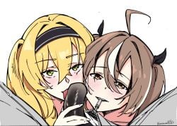 1boy 2girls ahoge blonde_hair brown_eyes brown_hair dokibird dokibird_(alt_girl) green_eyes headband hololive hololive_english indie_virtual_youtuber karasawamiko licking_penis looking_at_partner looking_at_viewer nanashi_mumei pigtails pulling_with_teeth ribbon_in_hair vtuber zipper zipper_pull zipper_pull_tab