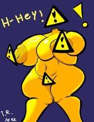 1girl areolae artist_signature bad_censor english_text exclamation_point holding_breast massive_breasts massive_thighs nipples redraw self_upload surprised text therandombee thick_thighs thighs warning_sign warning_sign_person yellow_body