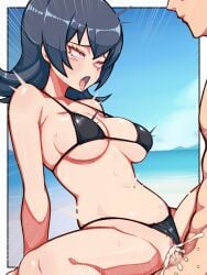 ahegao bikini bikini_bottom_aside black_bikini blue_hair censored cleavage cowgirl_position cum cum_in_pussy ejaculation girl_on_top heart-shaped_pupils large_breasts medium_hair mimizunooka mosaic_censoring navel orgasm penis pokemon purple_eyes pussy sabrina_(pokemon) spread_legs swimsuit swimsuit_aside thighs tongue tongue_out vaginal wide_hips