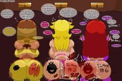 1boy 3girls big_ass big_butt big_penis bite_mark blonde_hair brown_hair buttplug captain_syrup chained chains dark-skinned_dom dark-skinned_femboy dark-skinned_male dark_skin english_text femboy femboydom femsub freckles gold_jewelry harem_girl harem_outfit huge_cock king_kirsch_(midnightundying) mario_(series) midnightundying_(artist) oc offscreen_character original_character princess princess_daisy princess_daisy_(oasis) princess_peach punishment punishment_sex punishment_spanking red_hair royalty slave slave_girl slave_outfit spank_marks spanking super_mario_bros. tattoo tattoo_on_butt text wario_land:_shake_it!