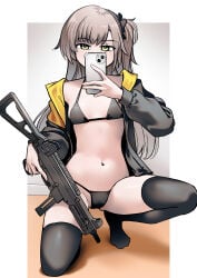 1girls bikini bikini_bottom bikini_top breasts brown_hair cellphone female female_only girls'_frontline holding_phone holding_weapon jacket long_hair navel open_clothes open_jacket scar scar_on_face selfie senpaihawkkun smartphone thighhighs ump45 ump45_(girls'_frontline) weapon yellow_eyes