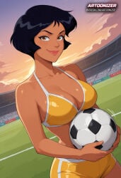 1girls ai_generated alex_(totally_spies) artoonizer ass big_ass big_breast bikini bikini_top black-haired_female black_hair blush breasts brown-skinned_female brown_eyes brown_skin cartoon female female_only football football_ball football_field football_player football_uniform holding_object legs_together looking_at_viewer narrow_waist outdoors patreon patreon_username posing short_hair shorts smile solo solo_female solo_focus sports_bikini sports_shorts sportswear standing swimsuit thick_thighs toned_female totally_spies wide_hips